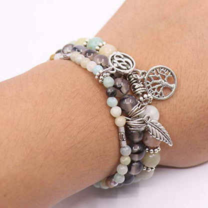 Tree of Life Yoga Healing Stone Bracelets,Multilayer Lotus Chakra Stone Reiki Bracelet Sets,Anxiety Crystal Natural Stone,for Women Stress Relief - style: Amazon Stone+Dragon Stone