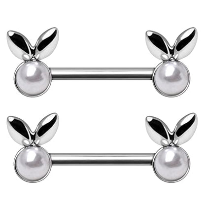 Pierced Owl 14GA 316L Stainless Steel White Faux Pearl Bunny Nipple Barbells, Sold as a Pair