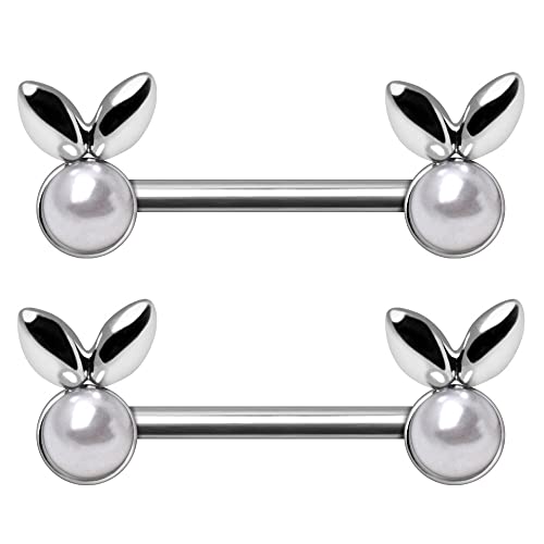 Pierced Owl 14GA 316L Stainless Steel White Faux Pearl Bunny Nipple Barbells, Sold as a Pair