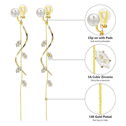 ASOQOLA Clip on Earrings Non Pierced for Women Long Dangle Drop Clip Earrings - Cubic Zirconia Leaf Earrings for Women Wedding Party Prom Jewelry Gifts - color: Gold-white