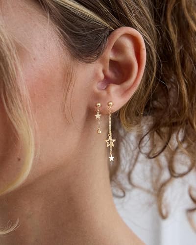 Dangle Earrings for Women - 14K Gold/White Gold/Rose Gold Plated Butterfly Heart Star Hoop Chain Long Tassel Cubic Zirconia CZ Dangle Earrings - color: Star Asymmetric