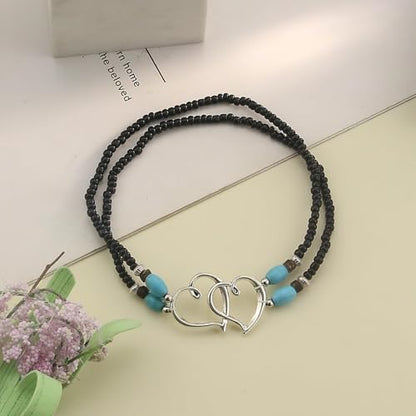 Elastic Beaded Ankle Bracelets for Women Double Heart Layered Stretch Ankle Bracelets Waterproof Dainty Boho Beaded Anklets for Summer Beach Foot Jewelry - color: Black Silver