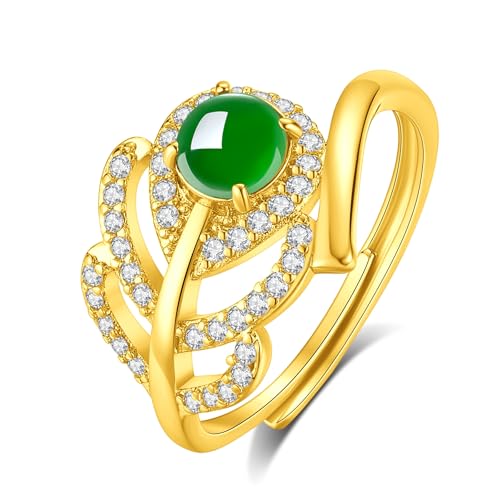 MRW Rings For Women Handmade Natura Green 925 Sterling Silver Gold Plated Zircon Ring Jewelry For Women - color: NATURAL JADE（Leaf Designs）