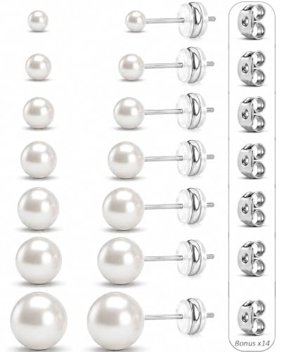 7 Pairs Silver Pearl Stud Earrings Set with Silicone Disc Backs | 3/4/5/6/7/8/10mm pearl studs with soft silicone disc backs and extra butterfly backs for daily lobe styling. - style: Silver-A-1