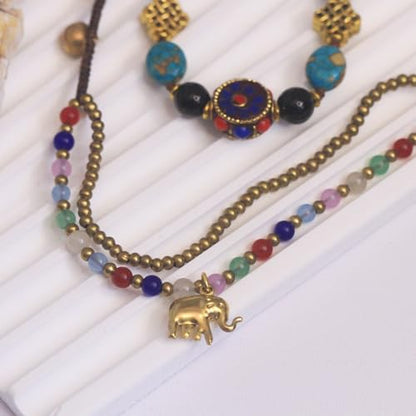 Petite Adjustable Boho Bracelet for Small Wrists 6-7.5 Inch - Handmade Nepalese Buddhist Prayer Bracelet with Elephant Charm, Brass Bell, Turquoise Stone & Tibetan Mantra Beads, Spiritual Lucky Gift - color: Colorful-2Pcs