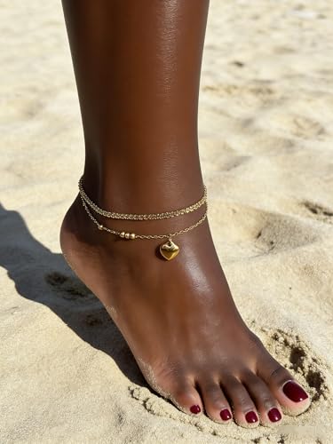 Waterproof Gold Plated Layered Anklets for Women Daisy/Herringbone/Heart Charm/Bead Chain Non Tarnish Stainless Steel Summer Foot Jewelry Gift for Her, with Gift Box - color: 3. glitter chain+ heart charm