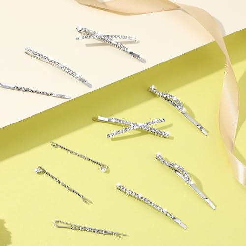 10Pcs Rhinestone Bobby Pins Crystal Diamond Bling Hair Pins Shiny Fancy Metal Barrettes I S X Shaped Hair Accessories for Women Girls Party Wedding Daily (Silver)