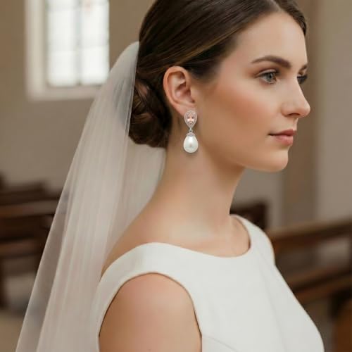 Mariell Pearl Bridal Wedding Drop Earrings with CZ Crystals for Brides, Bridesmaids, Birthday Gift - color: Silver Clip On - Champagne Cubic Zirconia
