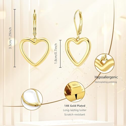 14K Gold Plated 925 Sterling Silver Openwork Love Heart Dangle Earrings, Leverback Huggie Hoop Hypoallergenic Trendy Earrings for Women - color: 14K Gold-B