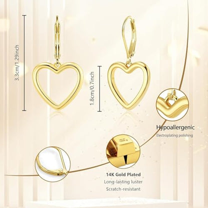 14K Gold Plated 925 Sterling Silver Openwork Love Heart Dangle Earrings, Leverback Huggie Hoop Hypoallergenic Trendy Earrings for Women - color: 14K Gold-B