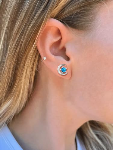 Suplight Sterling Silver Moon and Star Birthstone Crystal for Women with Dainty Silver Necklaces/Stud Earrings 1-12 Month Birthstone Emerald Pendant Sparkling Cubic Zirconia Gem Dainty Jewelry for Birthday Everyday - color: 12.December ( Turquoise)