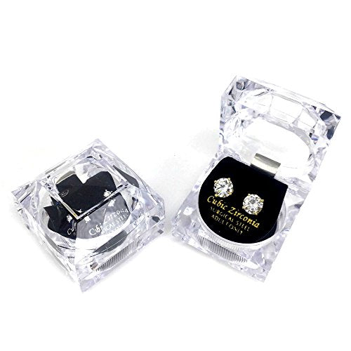Stainless Steel Round Cut Cubic Zirconia Stud Earrings With Clear Case - Gold, Silver (3mm~12mm) - color: 8mm-Gold