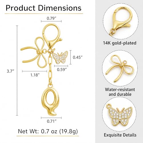 Gold Bubble Heart, Cherry, Bow & More Designs Letter Initial Keychain Bag Charms – Cute Purse Charms for Handbags - color: Bow & Butterfly, style: Q