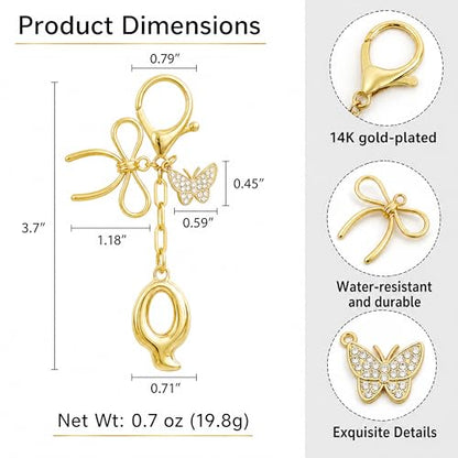 Gold Bubble Heart, Cherry, Bow & More Designs Letter Initial Keychain Bag Charms – Cute Purse Charms for Handbags - color: Bow & Butterfly, style: Q