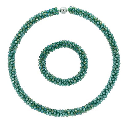 Hand Knotted Beads Statement Necklace Bracelet Jewelry Set Artificial Crystal Choker for Women- Handmade Beaded Strand Sparkly Faceted Crystal Rondelle-17inches, 30 Colors - color: Green Set