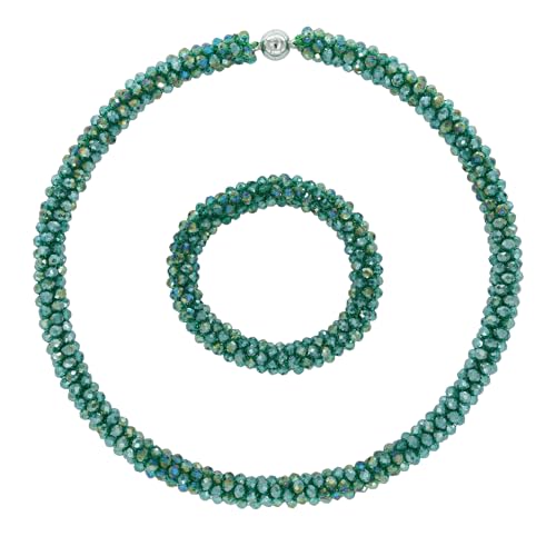 Hand Knotted Beads Statement Necklace Bracelet Jewelry Set Artificial Crystal Choker for Women- Handmade Beaded Strand Sparkly Faceted Crystal Rondelle-17inches, 30 Colors - color: Green Set