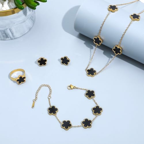 5 Pieces Lucky Clover Jewelry Set for Women Gold Jewelry Set 18K Gold Plated Flower Design Five Leaf Necklace Bracelet Ring Earrings for Women - color: Clover Black