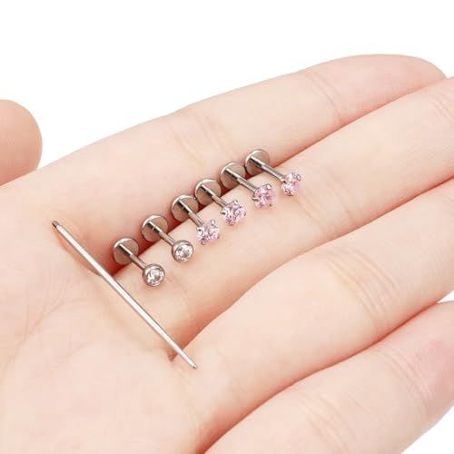 20G 18G 16G F316 Titanium Flat Back Nose Rings Studs Hypoallergenic Screw on Tragus Helix Cartilage Earrings Stud Piercing Jewerly for Women Men Bars 6mm - style: 18G Flat Back Nose Studs-bars 6mm-Pink CZ