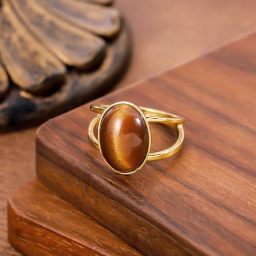 Tiger Eye Ring for Women, 18K Gold Plated Stainless Steel Signet Rings Non Tarnish Statement Jewelry Birthday Gifts
