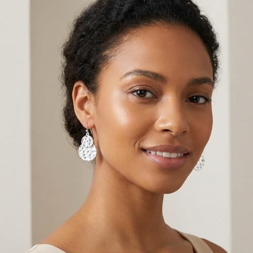 Antique Gold Hammered Disc Drop Earrings Boho Earrings with Two Tone Jewelry Gift - color: EH21299B