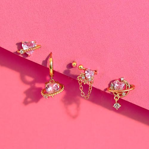 Sterling Silver Earrings Stacks for Women, Hypoallergenic Cartilage Earring | Dainty Stud Huggie Hoop Dangle Chain Earrings, 14K Gold/White Gold Plated - color: 4Pcs Pink Universe (Single Earring Not a Pair)