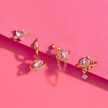 Sterling Silver Earrings Stacks for Women, Hypoallergenic Cartilage Earring | Dainty Stud Huggie Hoop Dangle Chain Earrings, 14K Gold/White Gold Plated - color: 4Pcs Pink Universe (Single Earring Not a Pair)
