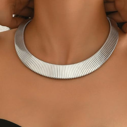 Chunky Gold Collar Choker Statement Necklace for Women Trendy | Gold Plated Layered Twist Flat Thick Snake Herringbone Chain African Torque Necklace Prom Boho Necklaces Party Jewelry Gift - style: Flat Herringbone Chain/Silver