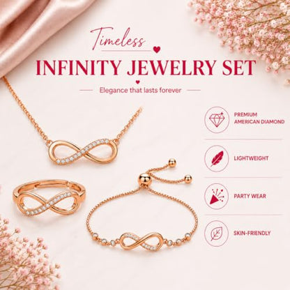 Nilu's Collection Infinity Shape Cubic Zirconia Diamond Bracelet for Women, Jewelry for Gift, Adjustable Charm Bracelet (Rose Gold Necklace + Bracelet) - color: Rose Gold Pendant+ Bracelet+Ring