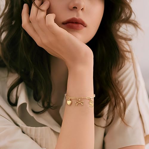 14K Gold Plated Bracelet for Women Simple Jewelry Initial A-Z Bracelet Dainty Chain Gifts for Women Birthday Unique Dainty Letter Charm Bracelet with Bow Anniversaries Gifts for Mother Her Jewelry Gift - style: M