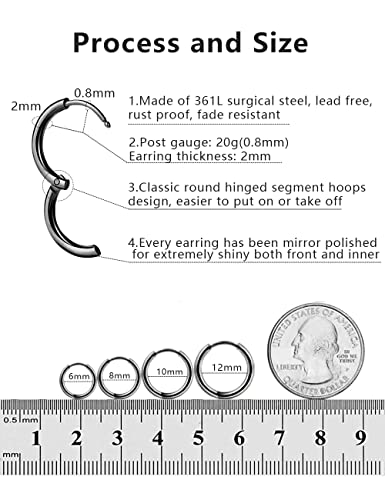 316L Surgical Stainless Steel Hoop Earrings,Mens Hoops Earrings Gold Silver Black Hypoallergenic,6mm 8mm 10mm 12mm Small Huggie Hoop Earrings Men Women for Cartilage Piercings - style: 6/8/10/12mm Black,4 Pairs