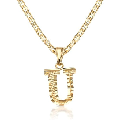 Barzel 18K Gold Plated Initial Necklace with Diamond Cut Initial, Waterproof, High Polish Finish, Made in Brazil - style: U