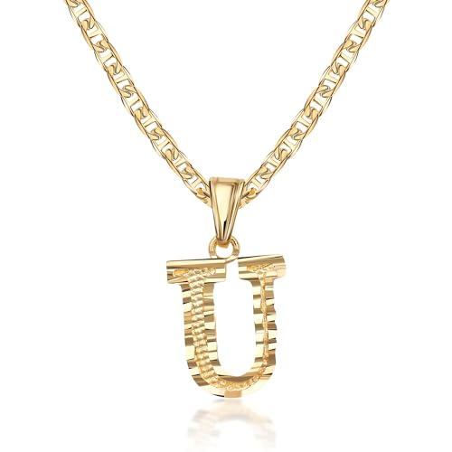 Barzel 18K Gold Plated Initial Necklace with Diamond Cut Initial, Waterproof, High Polish Finish, Made in Brazil - style: U