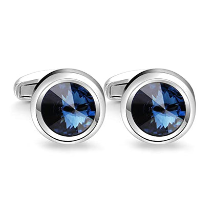 Mens Cufflinks Elegant Style Cuff Link Super Shiny Navy Blue Crystal Circular Cufflinks with Gift Box - color: Blue