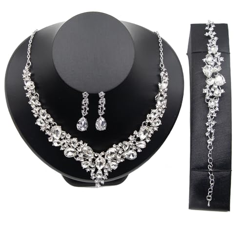 Crystal Bridal Jewelry Set, Floral Statement Necklace, Earrings, Bracelet, Wedding Accessories - color: White