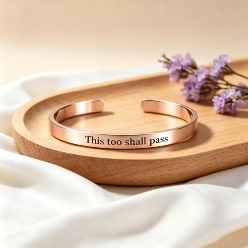 This Too Shall Pass But F*cking Hell Mantra Cuff Bracelets, Stainless Steel Inspirational Cuff Bracelets with Hidden Message Engraved Bracelet Open Adjustable Self-Reminder Bangle Motivational Jewelry for Women - color: Rose Gold