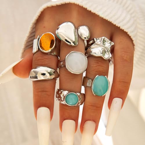 Chunky Gemstone Rings for Women Gold Silver Chunky Rings Set Adjustable Thick Statement Ring Trendy Fashion Silver Jewelry - style: BSilver