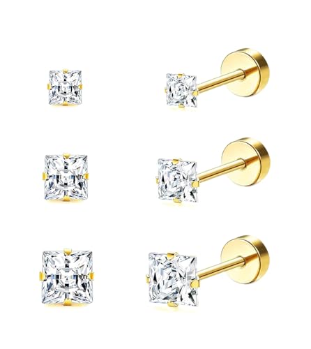 20G Hypoallergenic Surgical Steel Square Pearl Ball CZ Flat Back Stud Earrings for Sensitive Ear, Lightweight Shiny Earrings Studs for Helix Tragus Cartilage Multiple Piercing - color: Gold-A