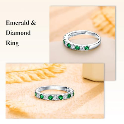 Bezel Set Birthstone Wedding Band 14K Gold Sterling Silver Stackable Half Eternity Band Rings 2.5mm Wide Ruby/Amethyst/Sapphire/Emerald Green/Aquamarine Ring for Women, Send Gift Box - style: 05-Created Emerald & CZ