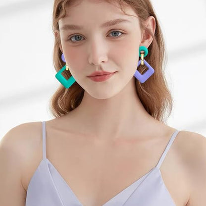 70s 80s Vintage Resin Neon Square Dangle Drop Earrings Simplicity Acrylic Hollow Round Circle Geometry Stud Earrings for Women - style: Blue Purple