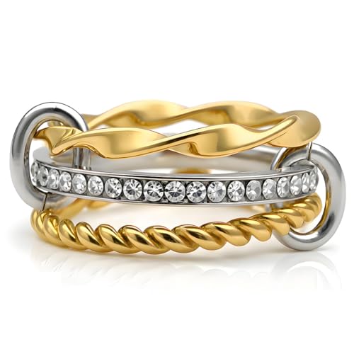 Stackable Rings for Women Non Tarnish Gold Silver Mixed Metal Wedding Band Set Gold Plated Stainless Steel with Cubic Zirconia Dainty Statement Thumb Ring Gift for Christmas Birthday Anniversary Jewelry - style: Radiant Triple Band Ring