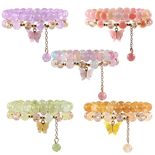 10Pcs Beaded Crystal Bracelets for Women, Bohemian Stackable Bead Bracelets with Butterfly Charm Multilayered Bracelet Pack Handmade Jewelry