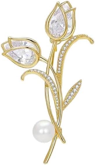 coadipress Tulip Floral Brooch Pin for Women Dainty Gold Plated Rhinestone Pearl Tulip Flower Green Leaf Broochs Pins Trendy Wedding Party Jewelry Accessories - style: white