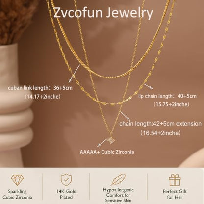 Layered Necklaces for Women, Simple Gold Necklace Stack Dainty 14K Gold Plated CZ Disc Pendant Necklace Set Non Tarnish Gold Jewelry Gifts - color: Gold-Cuban+Lip+CZ