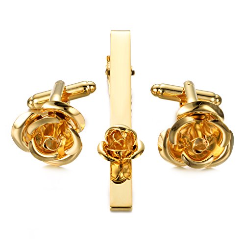 Pearl Rose Tie Clip Cufflinks Set for Men Gold Silver Gun-black Cufflinks and Tie Clip Groom Wedding Business Jewelry - style: Rose Set-Gold