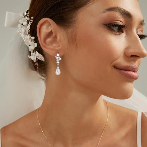 Pearl Earrings for Women, 14k Gold Plated Trendy Diamond Pearl Drop Earrings Hypoallergenic Dainty Bridal Gifts Wedding jewelry for Women - color: Silver-Pearl Style F