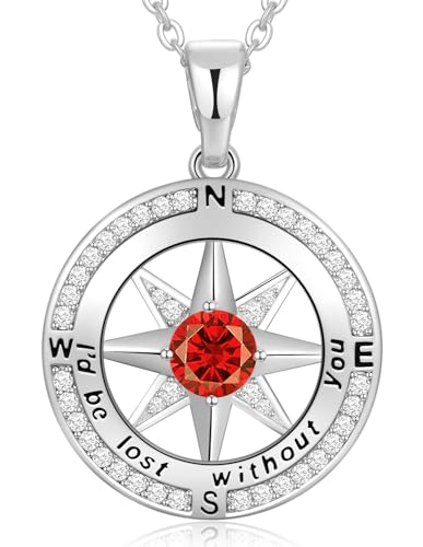 Peeshow Compass Birthstone Necklace for Women Wife, S925 Sterling Silver Gift for Wife Wedding Anniversary Birthday Gifts for Women Jewelry for Her Girlfriend I'd be Lost without You - style: 07-July-Ruby