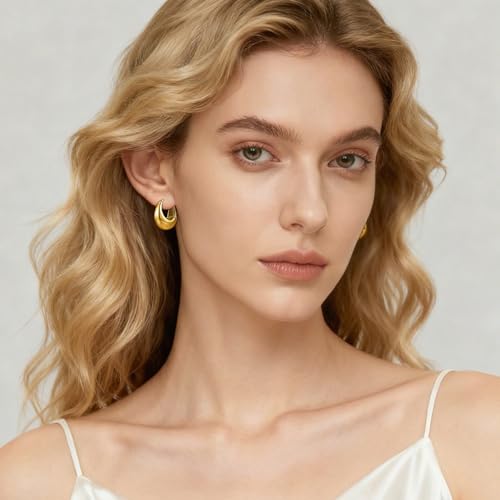 Chunky Hoop Earrings for Women 14K Gold Plated Small Huggie Hoops Lightweight Hypoallergenic Jewelry Gift - style: Simple Hoop-gold tone