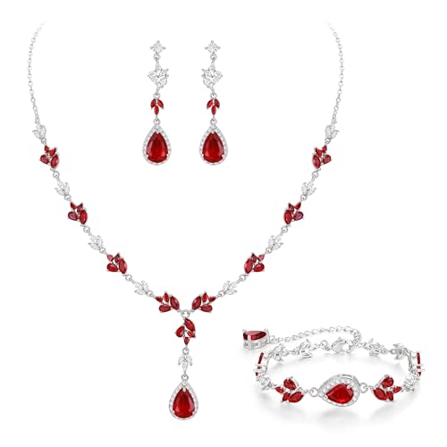 Teardrop Marquise Cubic Zirconia Wedding Prom Jewelry Set for Women Bridal | Silver/Gold/Rose Gold Plated, Pear Cut Pendant Necklace Drop Earrings Link Bracelet, for Bride Bridesmaid, for Banquet Party - style: A_Three Set, Red