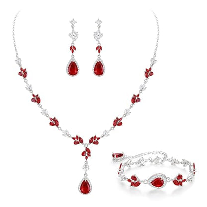 Teardrop Marquise Cubic Zirconia Wedding Prom Jewelry Set for Women Bridal | Silver/Gold/Rose Gold Plated, Pear Cut Pendant Necklace Drop Earrings Link Bracelet, for Bride Bridesmaid, for Banquet Party - style: A_Three Set, Red