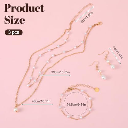 Yuanchu Gold Jewelry Set, Gold Copper Plated Pearl Necklace and Earring Set, Dainty Layered Choker, Adjustable Bracelet, Wedding Jewelry Sets for Brides